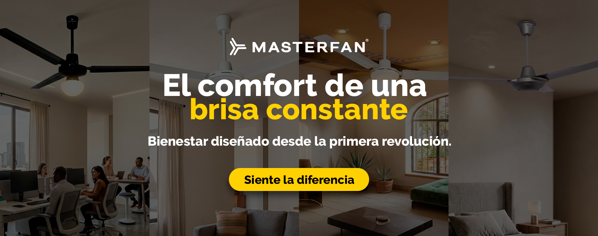 Ventiladores de techo Masterfan para proyectos residenciales y comerciales. Imagen promocional que destaca el confort y bienestar en oficinas, salas y recámaras mediante ventilación de alta eficiencia. La estética enfatiza el diseño moderno y la versatilidad de los acabados en negro, blanco y gris para decoración de interiores.
